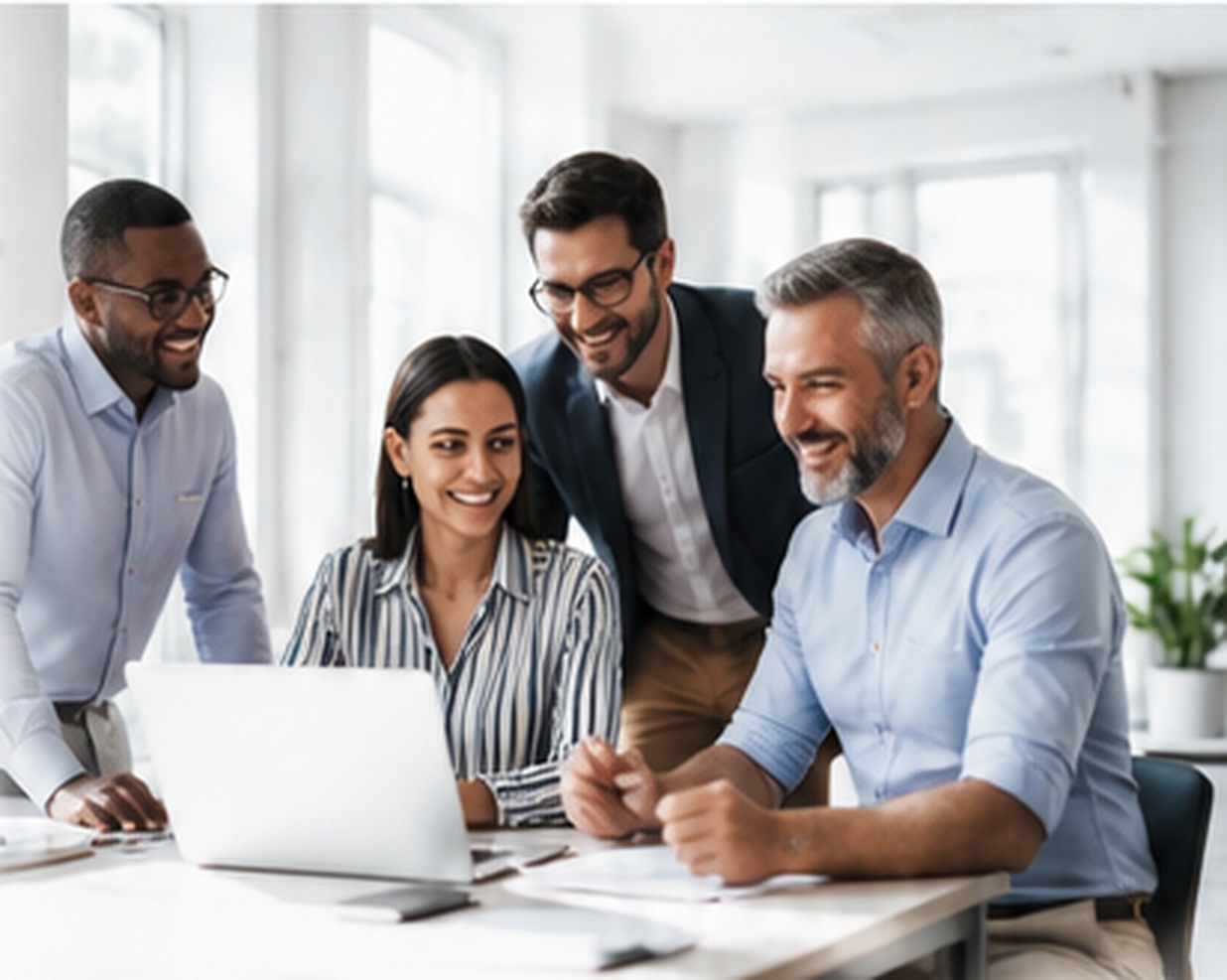 Happy employees collaborating around a laptop